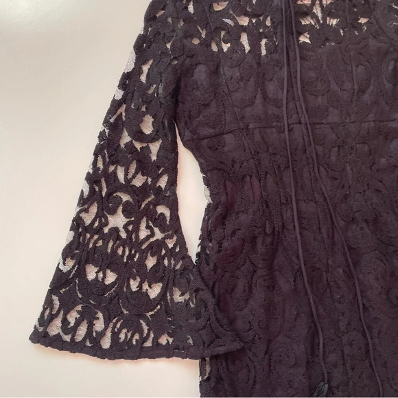 FREE PEOPLE North Star Black Lace Bell Sleeve Sequin Mini Dress Size 0 - Picture 15 of 16